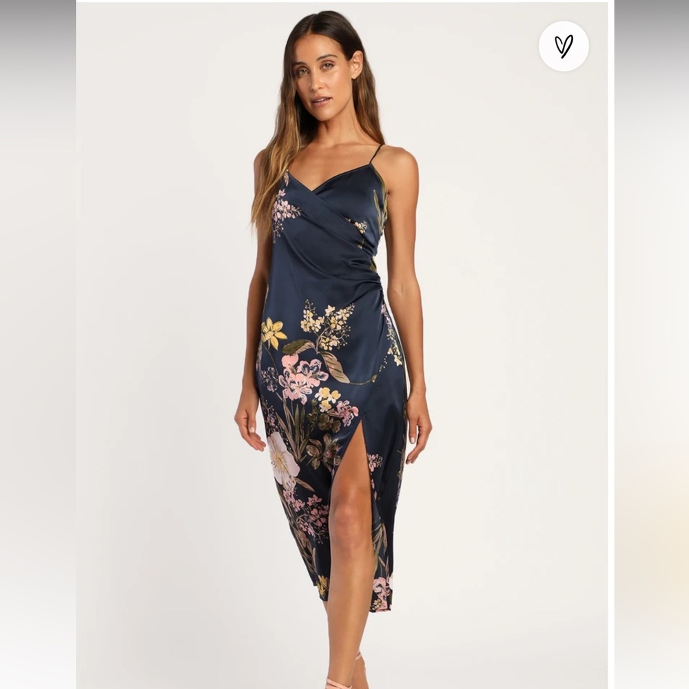 Lulus navy midi floral satin dress size medium